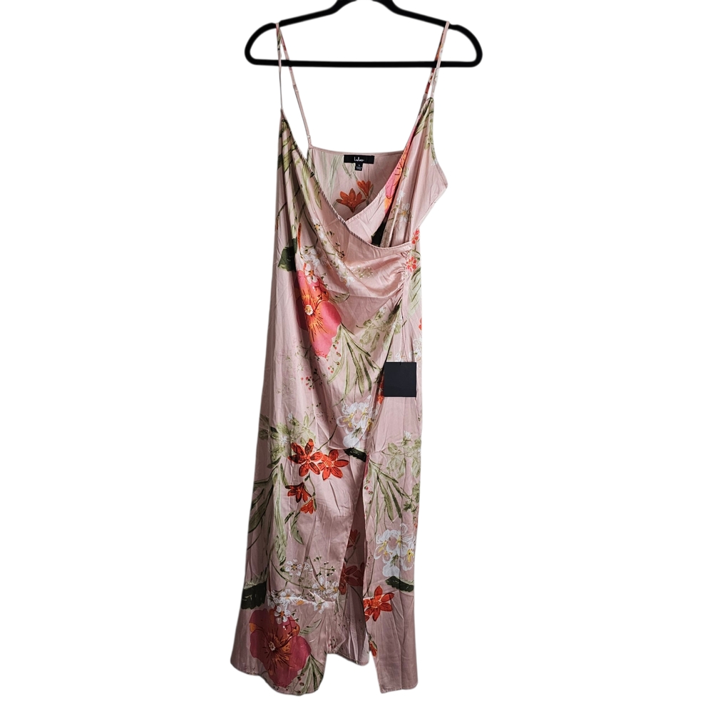Lulu's Asymmetrical Pink Orange Satin Floral Slip Dress Spaghetti Straps Size L